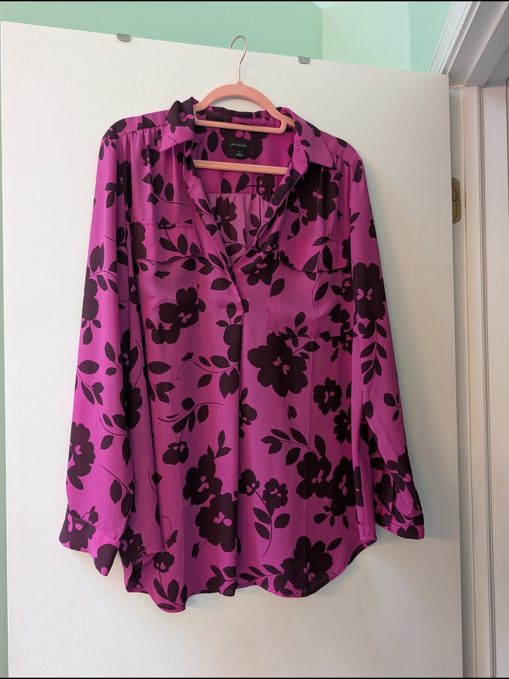 Ann Taylor Magenta and Dark Brown Floral Long-Sleeve Blouse